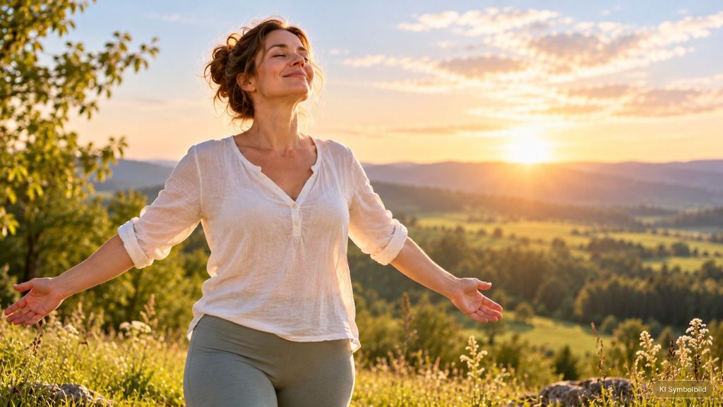 Frau mit ausgebreiteten Armen und glücklichem Gesichtsausdruck in einer sonnigen Naturlandschaft als Symbol für Leichtigkeit und Wohlbefinden.