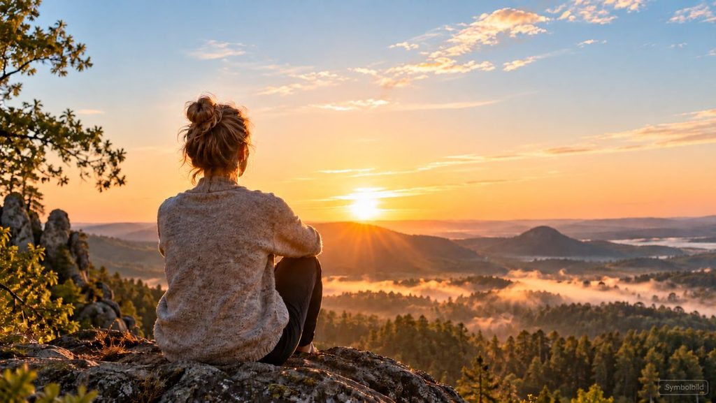 Frau blickt von einem Felsen über eine weite, von Morgenlicht und Nebel erfüllte Landschaft