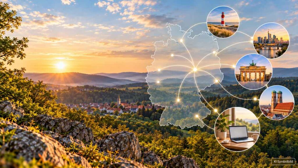 Landschaft im Harz mit Deutschlandkarte und Verbindungen zu verschiedenen Regionen sowie Online-Begleitung