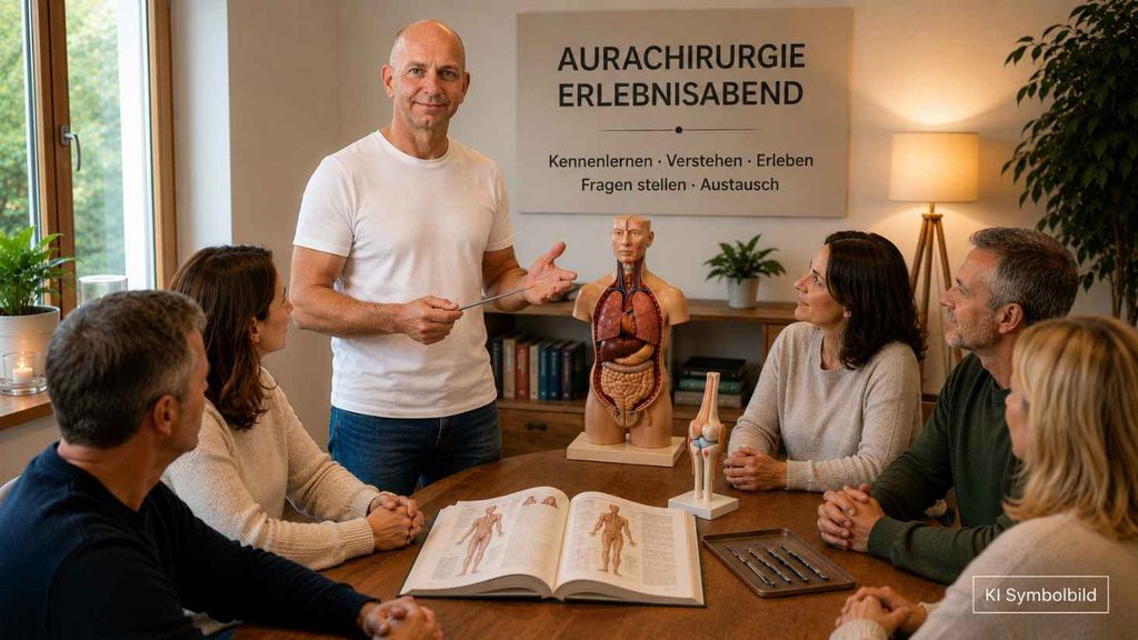 Kleine Gruppe bei einem Aurachirurgie Erlebnisabend in einem modernen Seminarraum