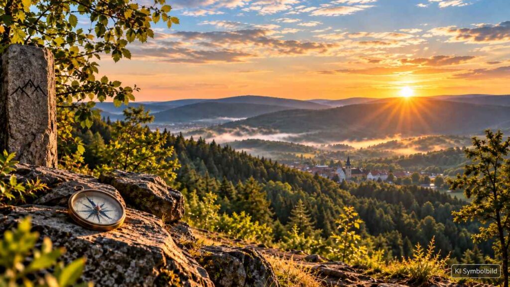 Landschaft im Harz mit bewaldeten Bergen, Tal und Sonnenaufgang