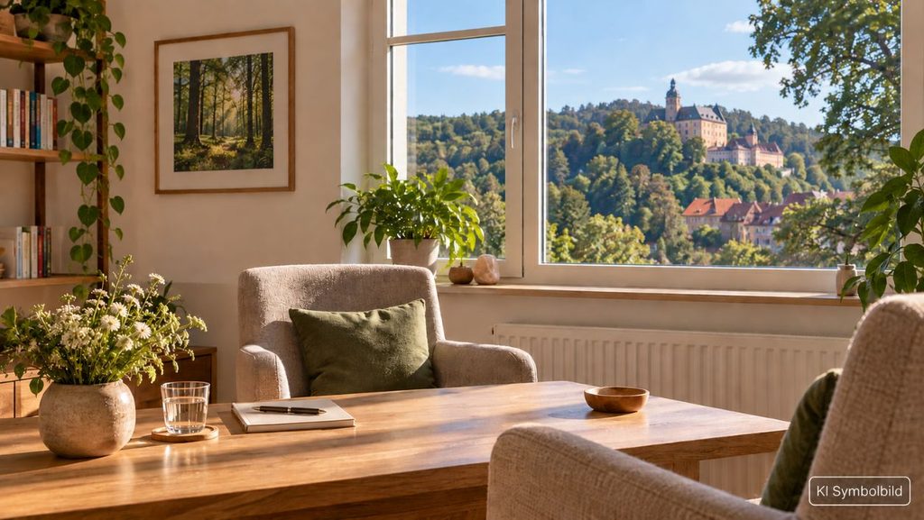 Praxisraum mit Blick auf Schloss Harzgerode und die Wälder des Harzes