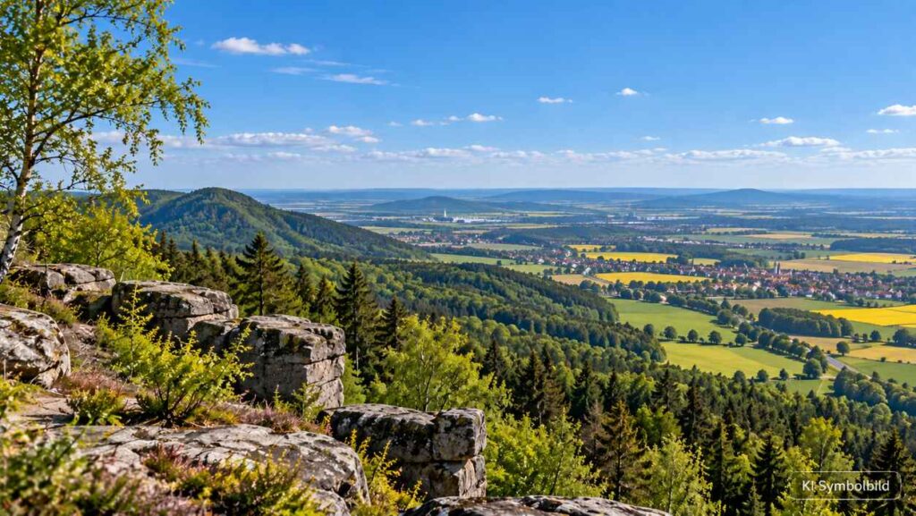 Landschaftsübergang vom bewaldeten Harz zu Feldern und Ortschaften in Niedersachsen