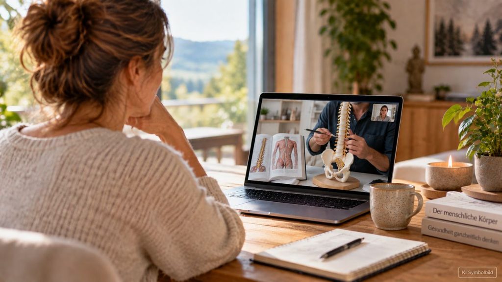 Frau nimmt an einer Aurachirurgie Online-Begleitung teil, während auf dem Laptop ein Wirbelsäulenmodell und ein Anatomieatlas zu sehen sind.