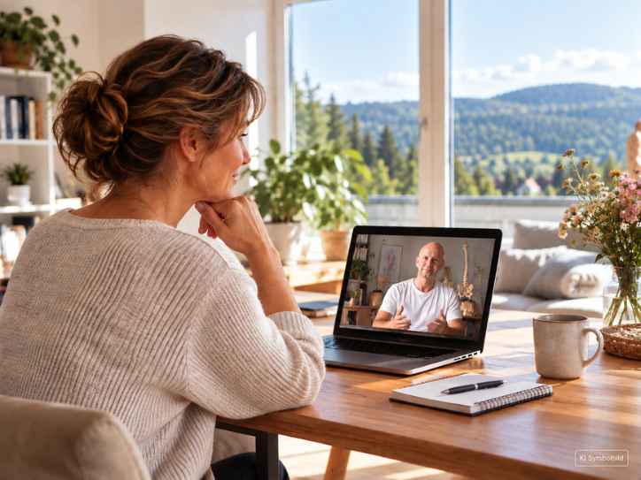 Frau nimmt von zu Hause aus an einer Aurachirurgie Online-Behandlung teil und spricht über einen Laptop mit Michael Herzig