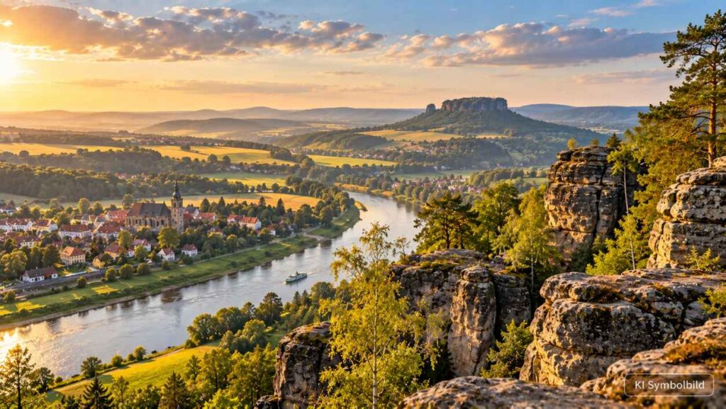 Sächsische Landschaft mit Fluss, Feldern, bewaldeten Hügeln und markanten Sandsteinfelsen im warmen Nachmittagslicht