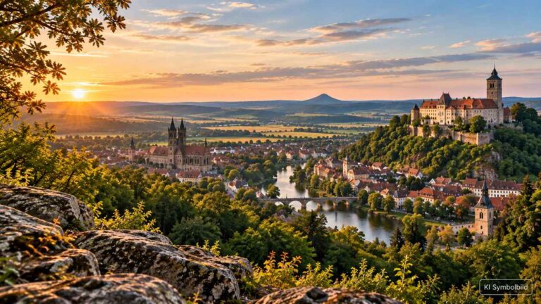 Historische Landschaft im Harz mit Stadt, Fluss und Burg im Abendlicht