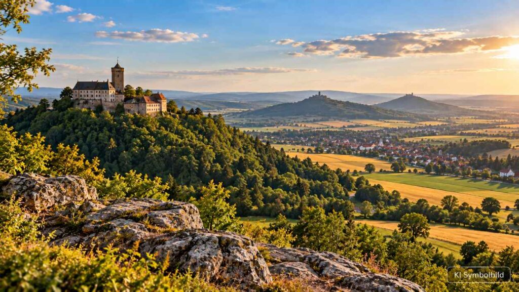 Landschaftsübergang vom Harz nach Thüringen mit bewaldeten Hügeln, Burgen und landwirtschaftlichen Feldern