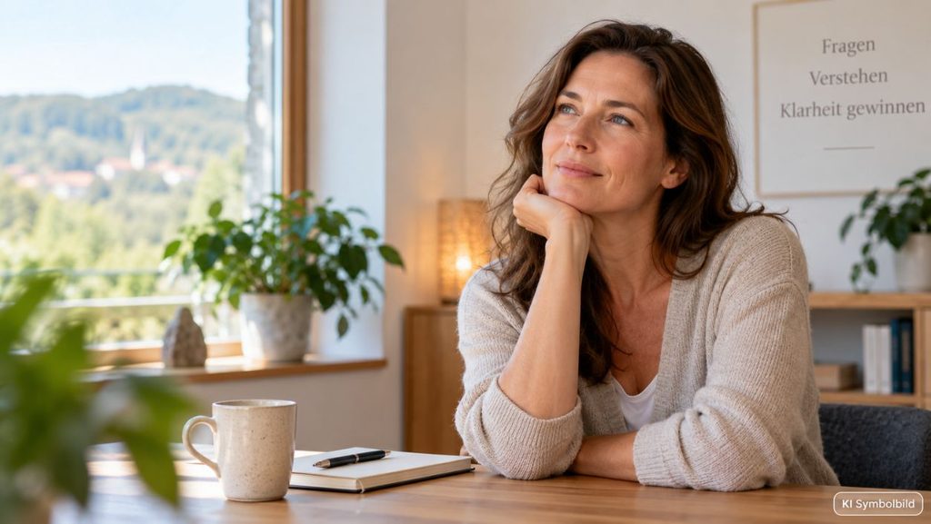 Frau mit nachdenklichem Blick in ruhigem Raum mit Blick auf eine Landschaft
