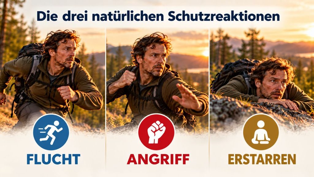 Infografik zu den drei natürlichen Schutzreaktionen Flucht, Angriff und Erstarren