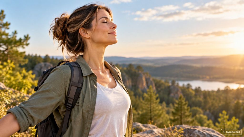 Frau beim Wandern in einer natürlichen Landschaft mit aufrechter, entspannter Körperhaltung und sichtbar freiem Nacken
