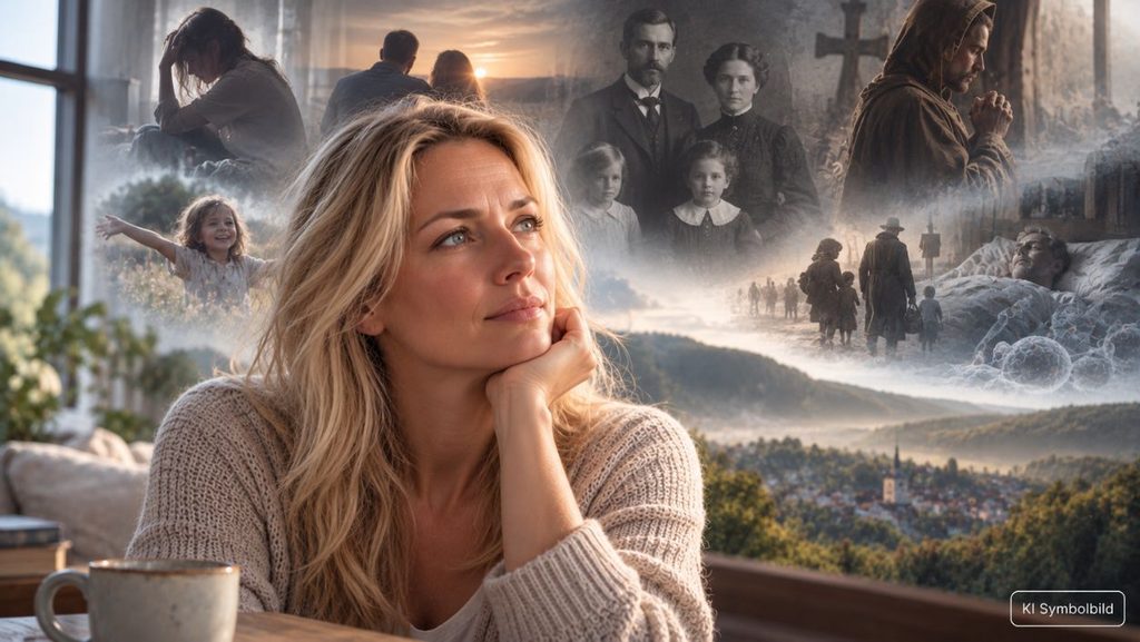 Frau mit nachdenklichem Blick vor verschiedenen Lebens- und Informationsebenen