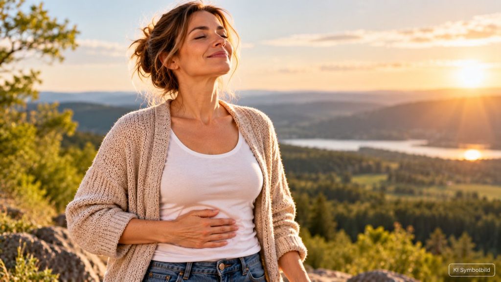 Frau mit entspannter Körperhaltung und Hand auf dem Bauch in einer Landschaft bei Sonnenuntergang