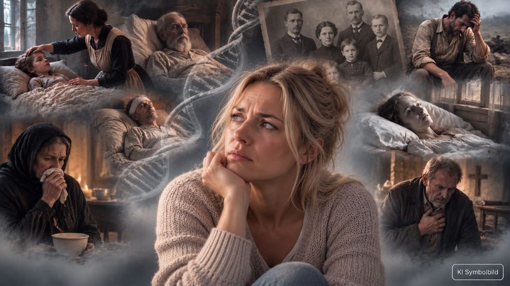 Frau mit nachdenklichem Blick vor historischen Szenen erkrankter Vorfahren