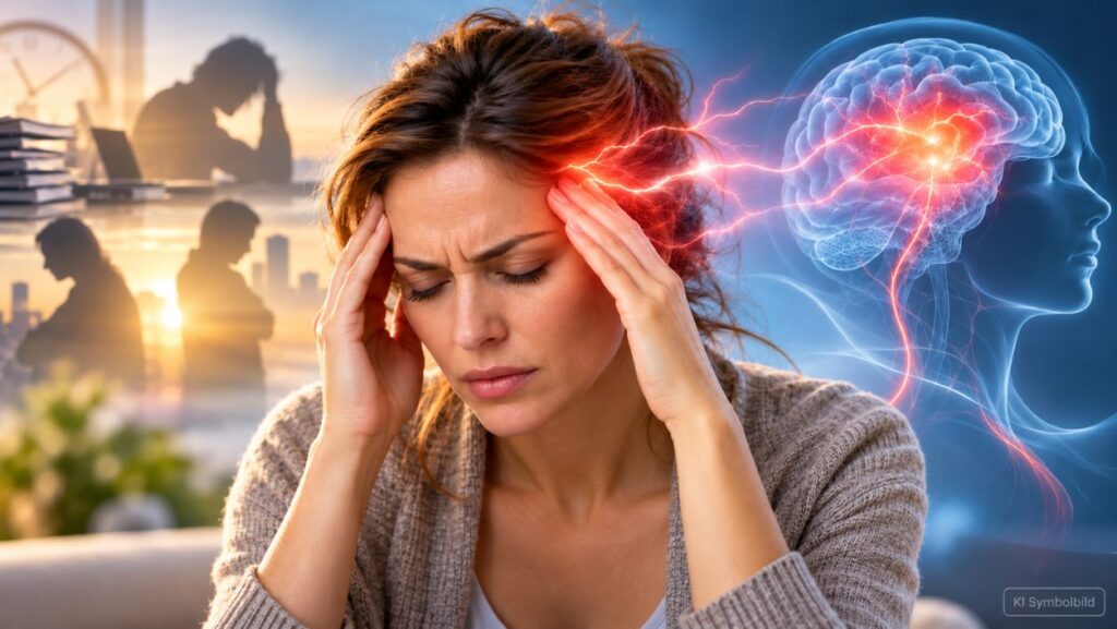 Frau mit starken Kopfschmerzen und Händen an den Schläfen, symbolische Darstellung von Migräne, innerer Anspannung und neurologischer Schmerzempfindung