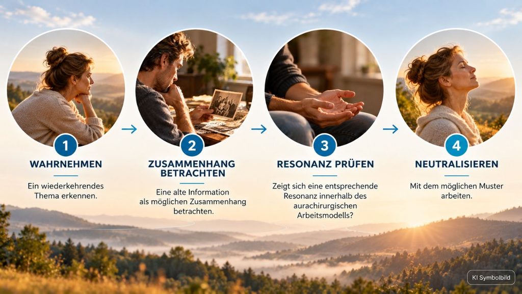Infografik zeigt vier Schritte im Umgang mit übernommenen Mustern: Wahrnehmen, Zusammenhang betrachten, Resonanz prüfen und neutralisieren