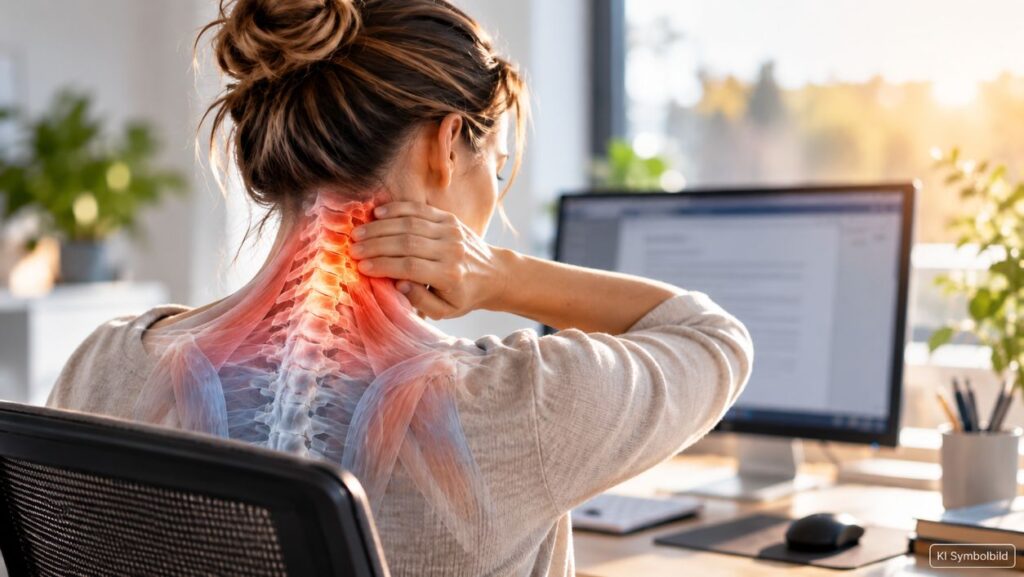 Frau mit Nackenschmerzen am Arbeitsplatz, anatomisch dargestellte Halswirbelsäule und Nackenmuskulatur