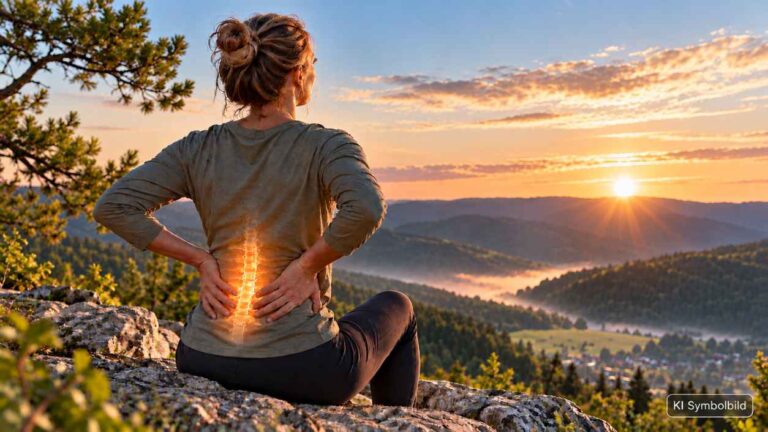 Frau mit Händen am unteren Rücken vor einer Landschaft im Harz