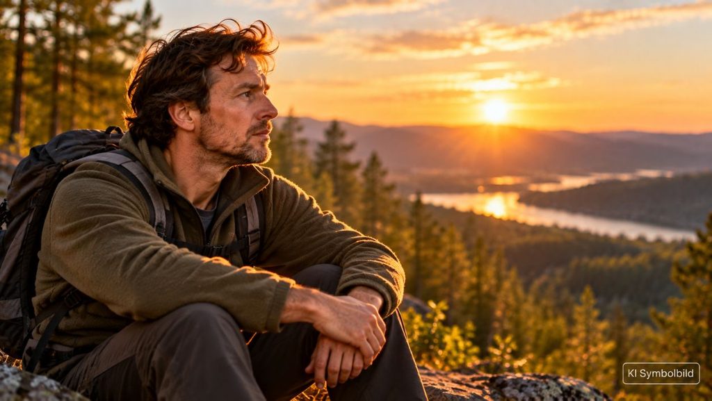 Mann sitzt nach einem Schreck nachdenklich in einer Berglandschaft bei Sonnenuntergang
