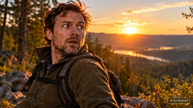 Mann erschrickt beim Wandern und blickt sich in einer Landschaft bei Sonnenuntergang um
