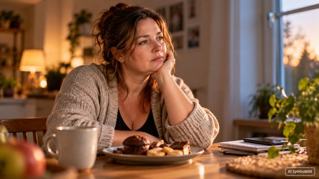 Frau sitzt nachdenklich am Küchentisch mit Essen vor sich und nimmt ihre innere Anspannung und emotionale Belastung wahr