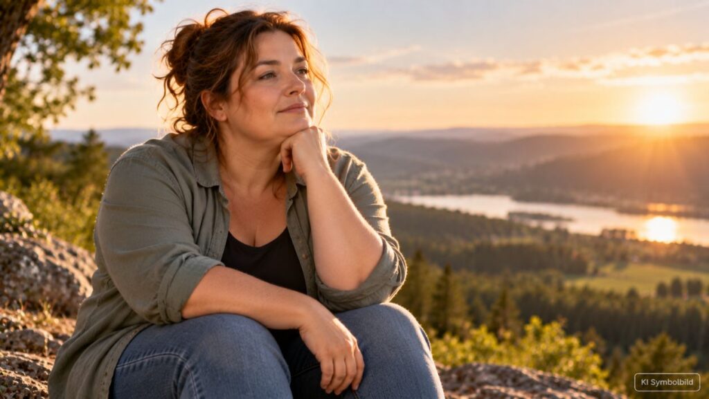 Frau mit Übergewicht in ruhiger Haltung bei Sonnenuntergang in einer Landschaft, symbolische Darstellung von innerer Anspannung und emotionalen Belastungen