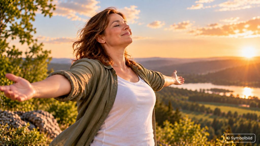 Frau mit ausgebreiteten Armen in einer weiten Landschaft bei Sonnenuntergang, symbolisch für Entspannung und innere Freiheit