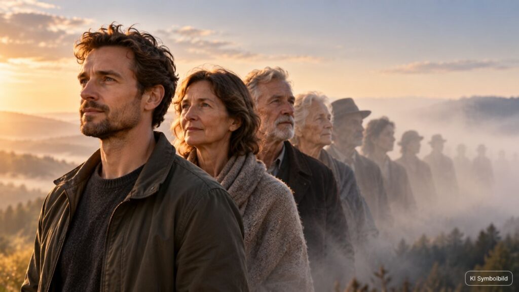 Mehrere Generationen einer Familie stehen hintereinander und verlieren sich im Nebel einer Berglandschaft