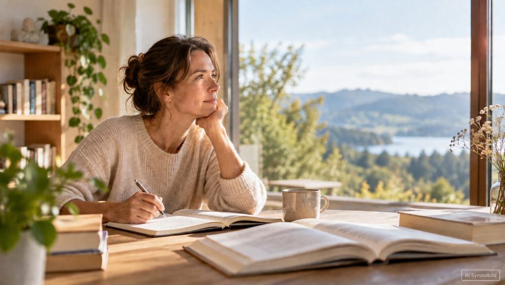 Frau schreibt an einem Tisch in hellem Raum mit Blick auf See und Berge